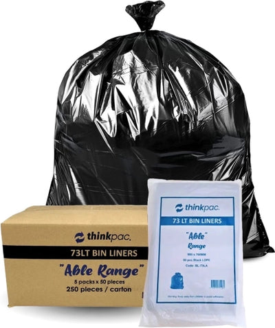 Carton 250pcs 73L Black Bin Liners 21 Micron (Able) MID RANGE THICKNESS