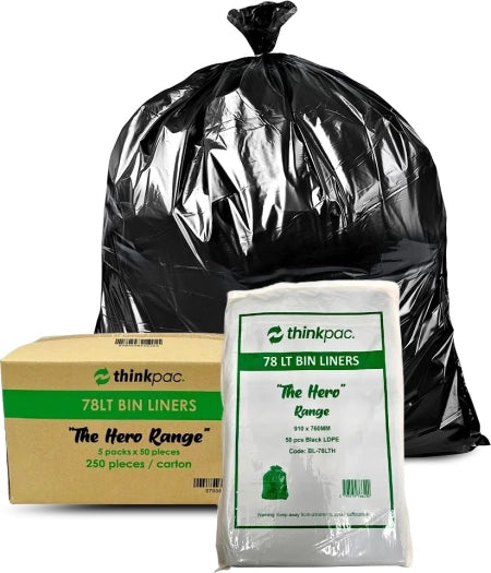 Carton 250pcs 73L Black Bin Liners 21 Micron (Able) MID RANGE THICKNESS