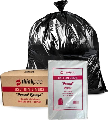 Carton of 250 Roll 82L Black Bin Liners - Able 20 micron (Medium Strength)