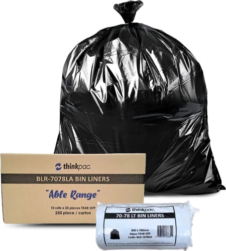 Carton 250pcs 73L Black Bin Liners 21 Micron (Able) MID RANGE THICKNESS