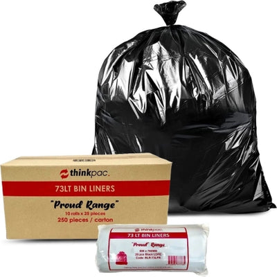 Carton 250pcs 73L Black Bin Liners 21 Micron (Able) MID RANGE THICKNESS