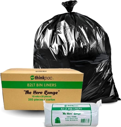 Carton of 250 Roll 82L Black Bin Liners - Able 20 micron (Medium Strength)