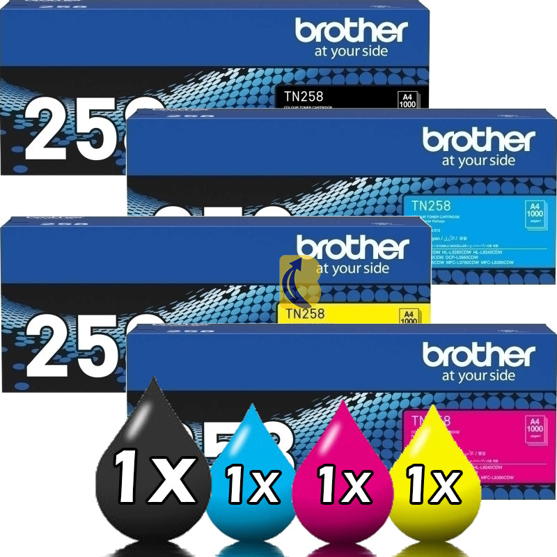 Genuine 4 Pack Brother TN258 Toner Cartridge Value Pack [1BK, 1C, 1M, 1Y]