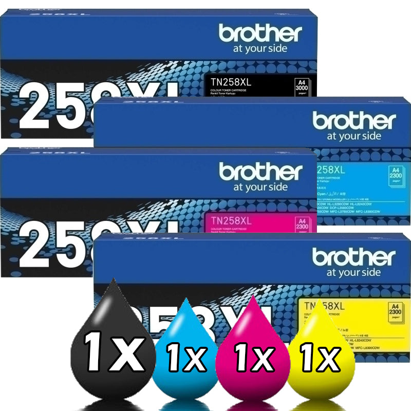 Genuine 4 Pack Brother TN258XL Toner Cartridge Value Pack [1BK, 1C, 1M, 1Y]