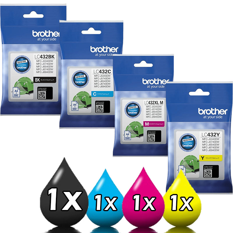 Genuine 4 Pack Brother LC432 Ink Cartridges Value Pack [1BK, 1C, 1M, 1Y]