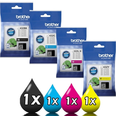 Genuine 4 Pack Brother LC432 Ink Cartridges Value Pack [1BK, 1C, 1M, 1Y]
