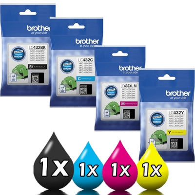 Genuine 4 Pack Brother LC432 Ink Cartridges Value Pack [1BK, 1C, 1M, 1Y]