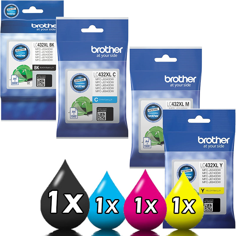 Genuine 4 Pack Brother LC432XL High Capacity Ink Cartridges Value Pack [1BK, 1C, 1M, 1Y]