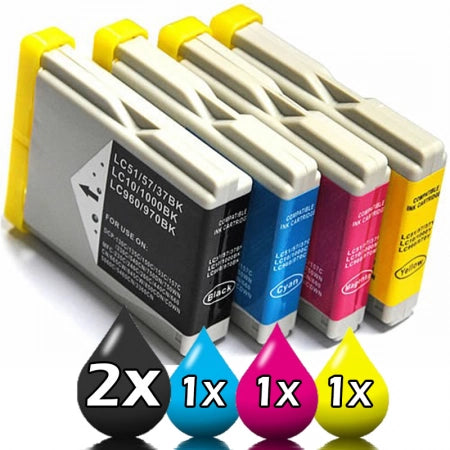 5 Pack Brother LC57 Compatible Ink Cartridges Set [1C, 1Y, 1M, 2BK]