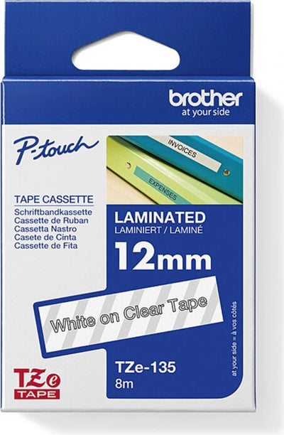 Brother TZe-135 Labelling Tape White on Clear 12mm x 8m