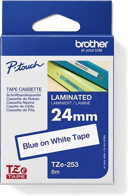 Brother TZe-253 Labelling Tape Blue Text On White 24mm x 8m