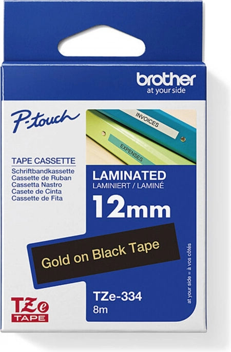 Brother TZe-334 Labelling Tape Gold on Black 12mm x 8m