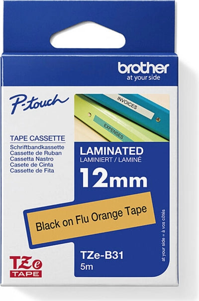Brother TZe-B31 Fluro Labelling Tape Black on Orange 12mm x 5m