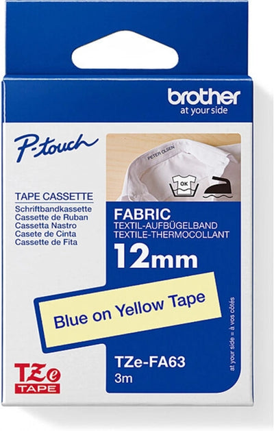 Brother TZe-FA63 Fabric Labelling Tape Blue On Yellow 12mm x 3m