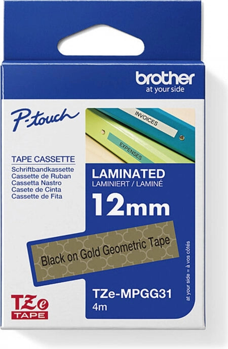 Brother TZe-MPGG31 Labelling Tape Black on Gold GeoMetric 12mm x 4m