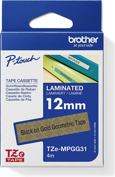 Brother TZe-MPGG31 Labelling Tape Black on Gold GeoMetric 12mm x 4m