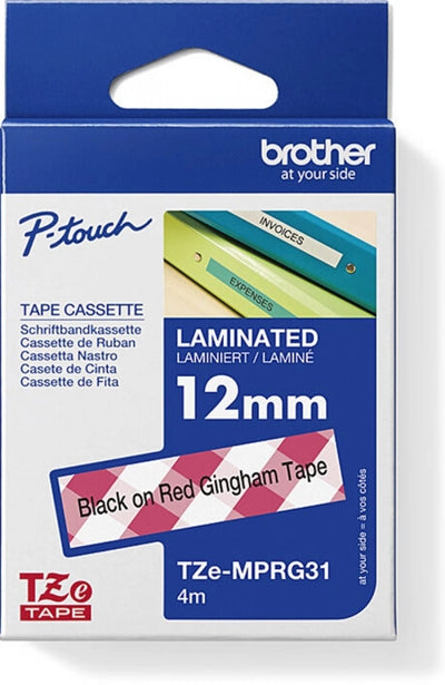 Brother TZe-MPRG31 Labelling Tape Black on Red Gingham Pattern 12mm x 4m
