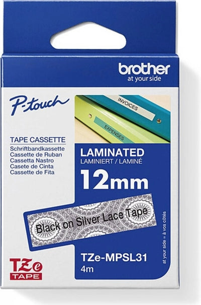 Brother TZe-MPSL31 Labelling Tape Black On Silver Lace 12mm x 4m