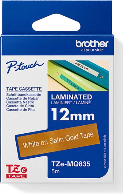 Brother TZe-MQ835 Labelling Tape White on Satin Gold 12mm x 5m