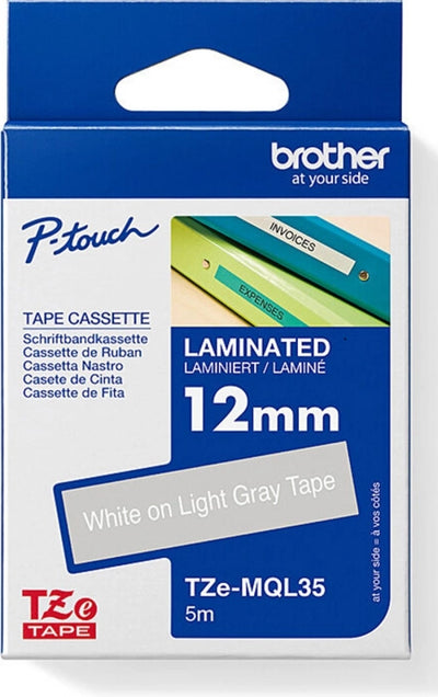 Brother TZe-MQL35 Labelling Tape White on Light Grey 12mm x 5m