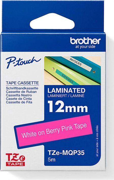 Brother TZe-MQP35 Labelling Tape White on Berry Pink 12mm x 5m
