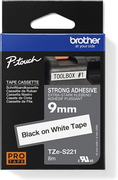 Brother TZe-S221 Strong Fix Labelling Tape Black on White 9mm x 8m