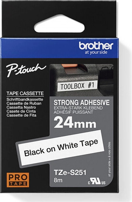 Brother TZe-S251 Strong Fix Labelling Tape Black on White 24mm x 8m