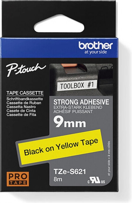 Brother TZe-S621 Strong Fix Labelling Tape Black on Yellow 9mm x 8m