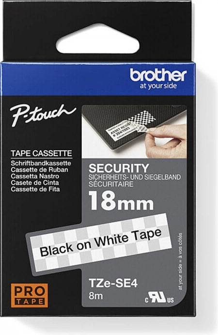 Brother TZe-SE4 Security Labelling Tape Black on White 18mm x 8m