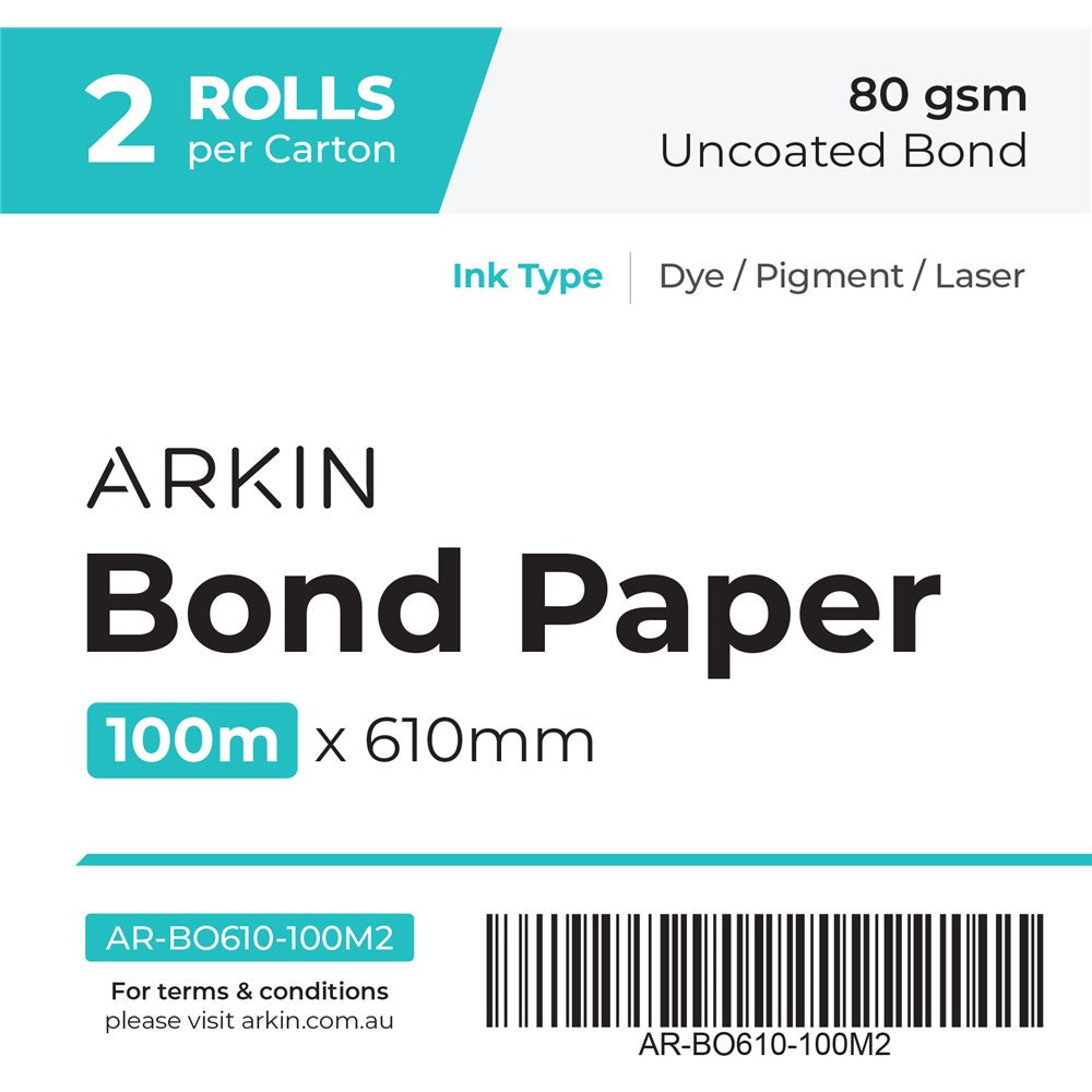 2 Rolls Arkin Bond Paper Uncoated Bond 80gsm 610mm x 100