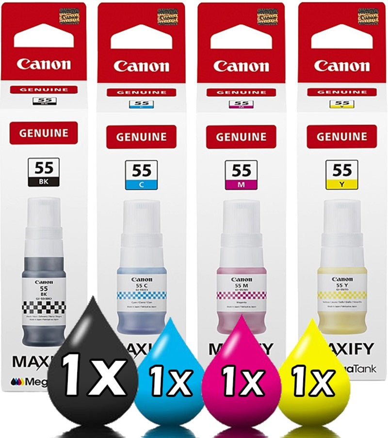 Genuine 4 Pack Canon GI55 Ink Bottle Value Pack [1BK, 1C, 1M, 1Y]
