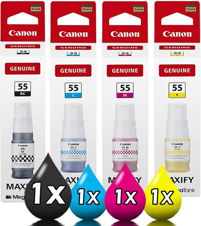Genuine 4 Pack Canon GI55 Ink Bottle Value Pack [1BK, 1C, 1M, 1Y]