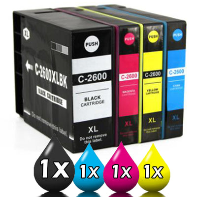 4 Pack Canon PGI2600XL Compatible Ink Cartridges IB4060 / MB5460 / MB5060 / MB5360 [1BK,1C,1M,1Y]