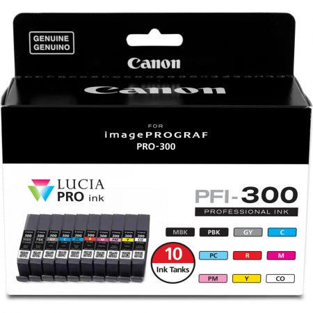 Genuine 10 Pack Canon PFI300 Ink Cartridges Combo [1PBK,1MBLK,1GY,1C,1PC,1M,1PM,1Y,1R,1CO]