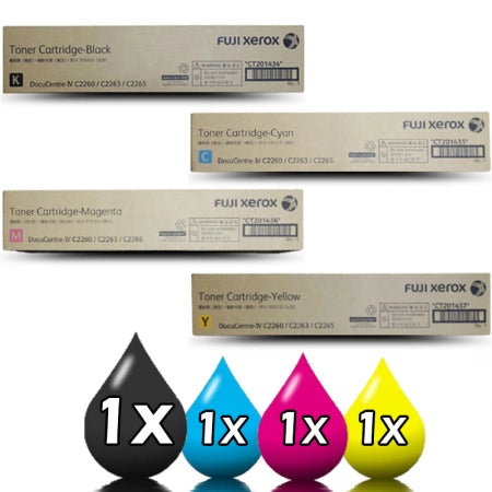 Genuine 4 Pack Fuji Xerox CT201434-CT201437 Toner Set 1BK,1C,1M,1Y IV C2260 C2263 C2265 (+ 1 Extra Black Toner Freebie)
