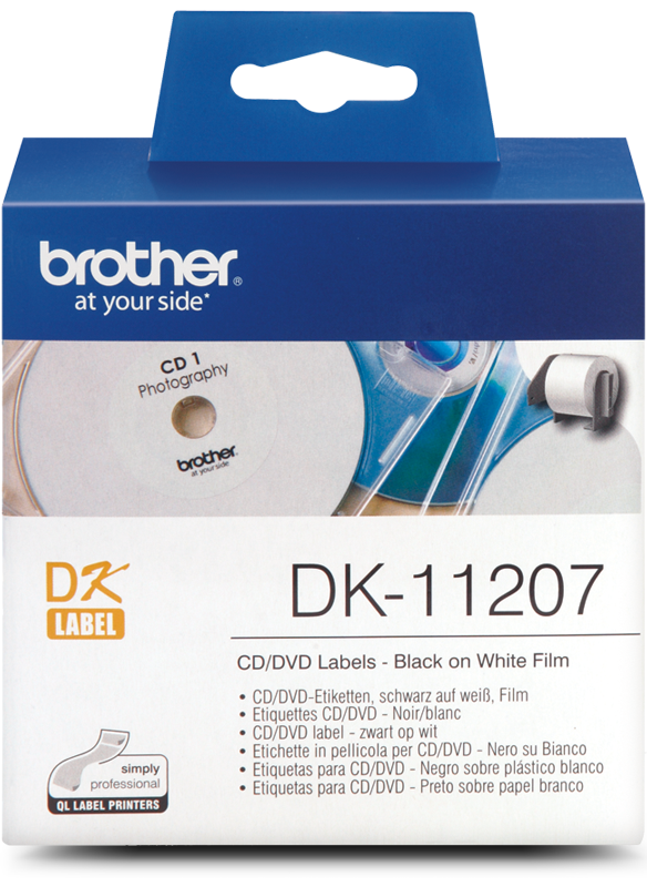 Genuine Brother DK-11207 Black on White Thermal Die-Cut CD/DVD Film Label Roll 100/rol