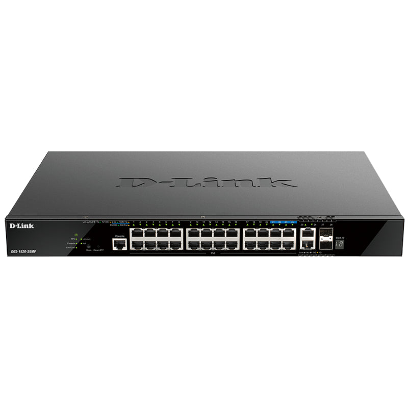 28-Port Gigabit Smart Managed Stackable PoE+ Layer 3 Switch with 20 PoE+ 1000Base-T, 4 PoE+ 2.5GBase-T and 4 10Gb Ports DGS-1520-28MP