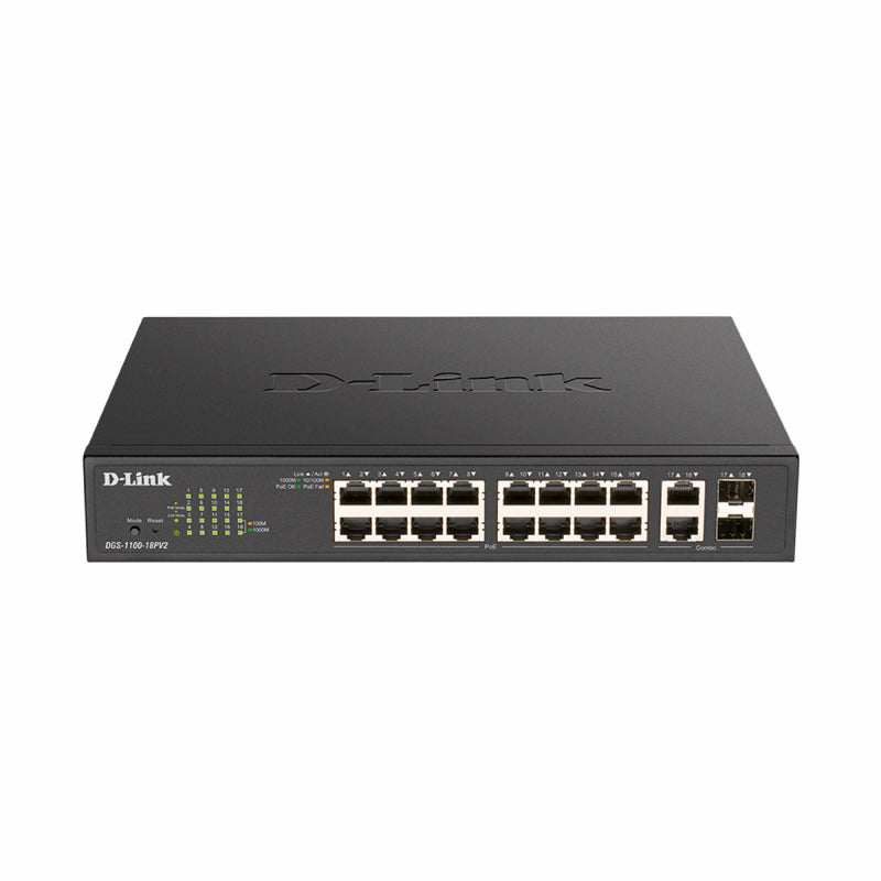 D-Link 18-Port Gigabit Smart Managed PoE Switch with 16 PoE and 2 Combo RJ45/SFP ports (130W PoE budget) DGS-1100-18PV2