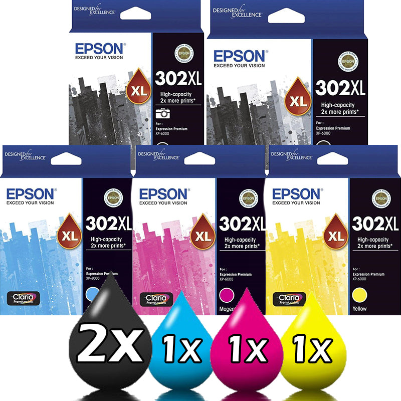 5 Pack Genuine Epson 302XL Ink Cartridges [1BK,1C,1M,1Y,1PHBK]