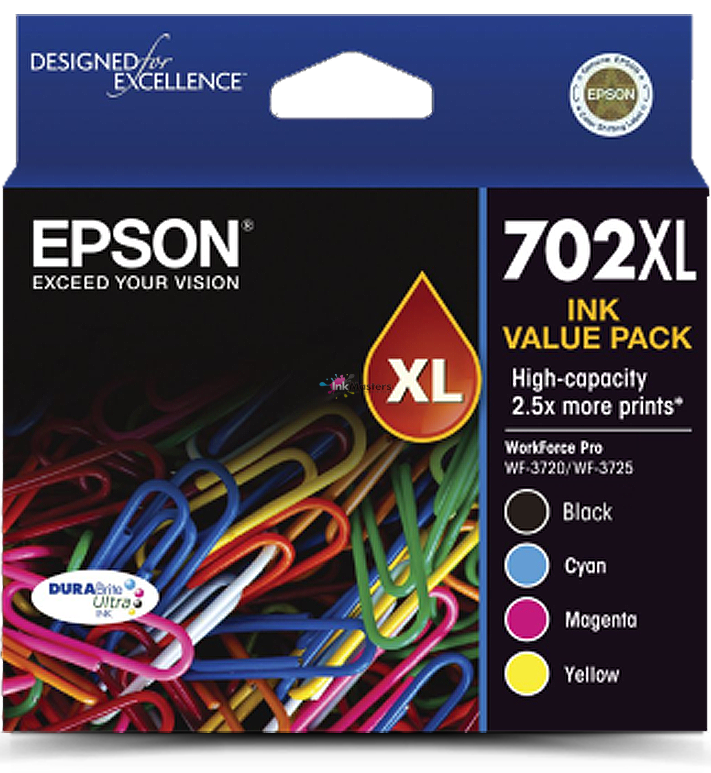 Genuine 4 Pack Epson 702XL Inkjet Cartridges WF3720 / WF3725 / WF3730 [1BKXL,1CXL,1MXL,1YXL]