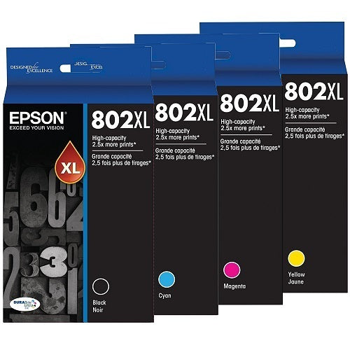 Genuine 4 Pack Epson 802XL [1BK,1C,1M,1Y] High Yield Inkjet Cartridges (C13T356192 C13T356292 C13T356392 C13T356492) 2,600 pages BK / 1,900 pages CMY
