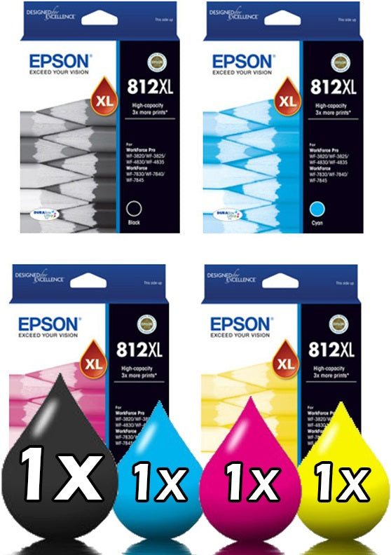 Genuine 4 Pack Epson 812XL C13T05E192-C13T05E492 High Yield Ink Cartridge Combo [1BK,1C,1M,1Y]