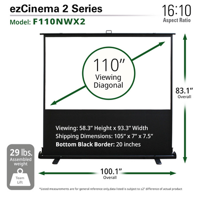 110" PORTABLE 16:10 PULL-UP PROJECTOR SCREEN  FLOOR PULL UP SCISSOR BACK  EZCINEMA