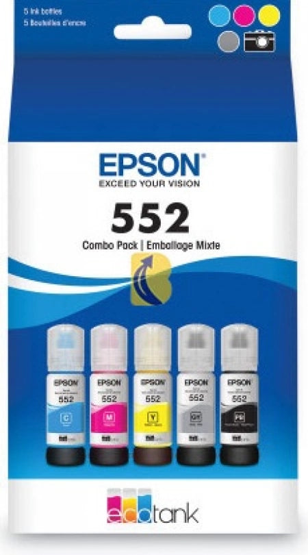 Genuine 6 Pack Epson T552 EcoTank Ink Bottle Value Pack [1BK, 1PHBK, 1C, 1M, 1Y, 1GY]