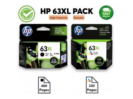 Genuine 2 Pack HP Ink Cartridges 1BLKXL,1CLXL (HP 63XL)