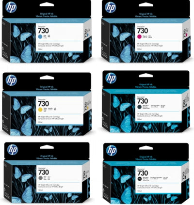 Genuine 6 Pack HP 730 Ink Cartridge Value Pack [1PBK, 1C, 1M, 1Y, GY, 1MBK]