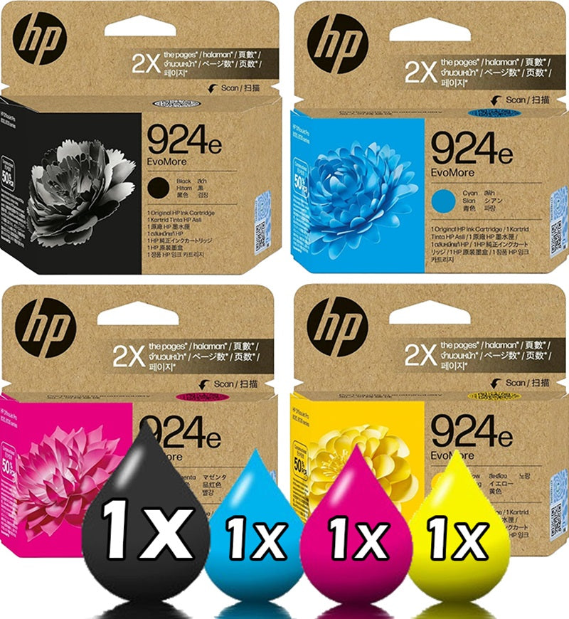 Genuine 4 Pack HP 924e EvoMore High Capacity Ink Cartridge Value Pack [1BK, 1C, 1M, 1Y]
