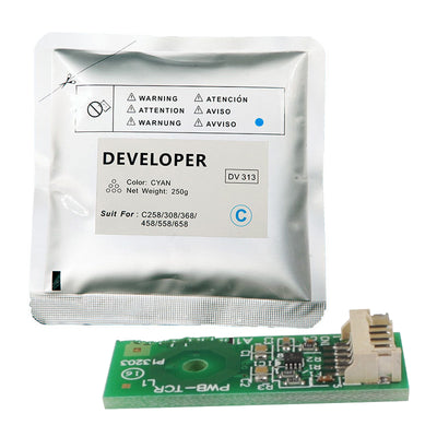 Konica Minolta Cyan Developer Powder + Chip DV313-C, DV313C, A7U4-0KD, A7U40KD (suitable for Bizhub C258, C308, C368, C458, C558, C658)