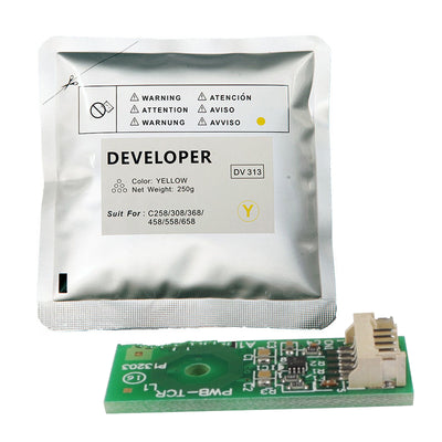 Konica Minolta Yellow Developer Powder + Chip DV313-Y, DV313Y, A7U4-08D, A7U408D (suitable for Bizhub C258, C308, C368, C458, C558, C658)