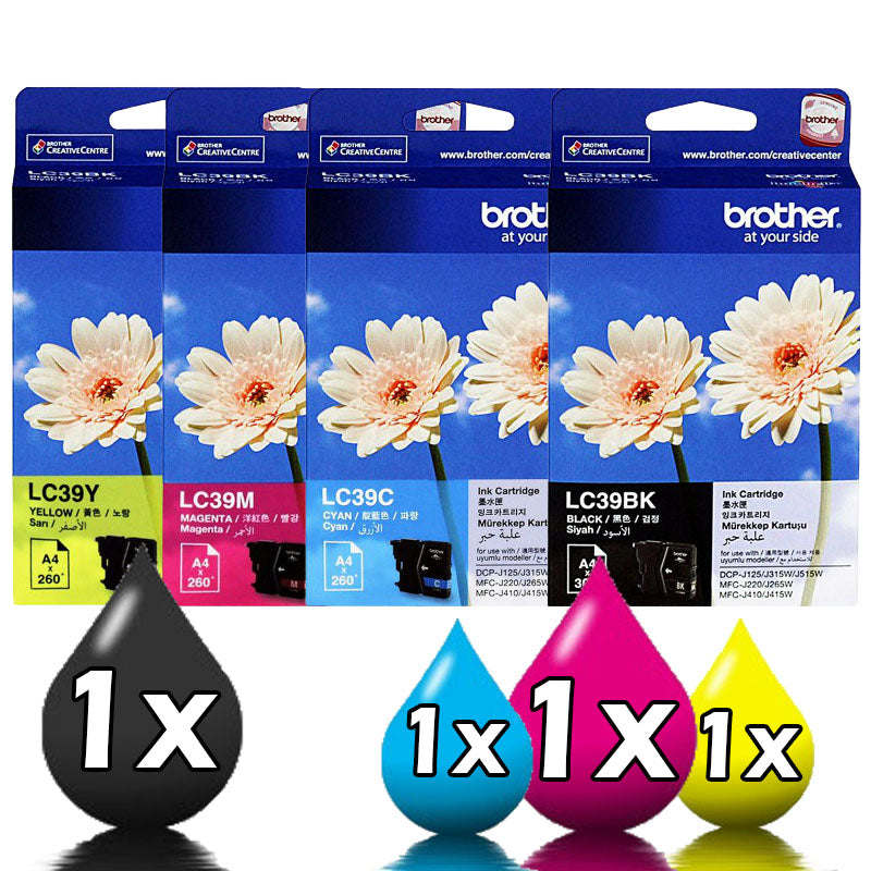 Genuine 4 Pack Brother LC39 Ink Cartridges [1BK, 1C, 1M, 1Y]